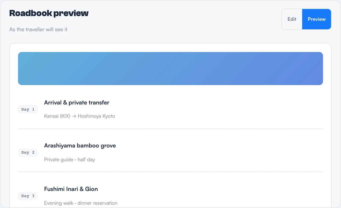 Previewing the traveller experience before publishing